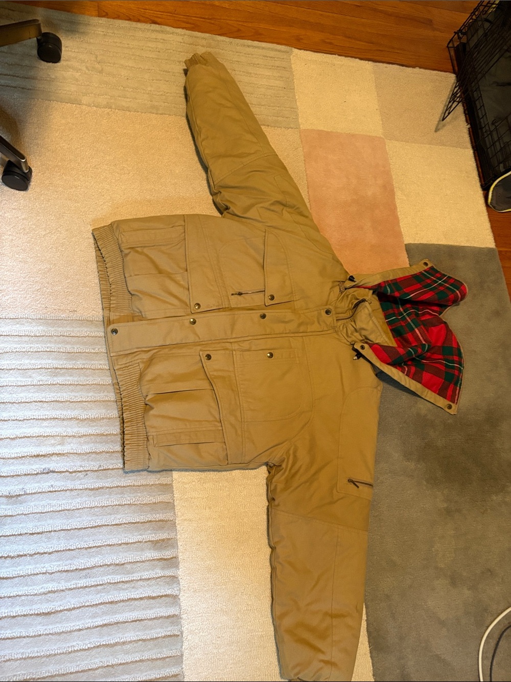 Pacific Trail Tan Hooded Puffer Jacket with Red Plaid Lining
